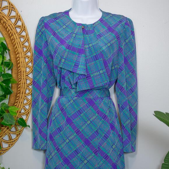 Vtg 11 Shona Dress 80s Plaid 2 Pc Set Blouse Skirt Jewel Tone | Bright Winter - Picture 11 of 16